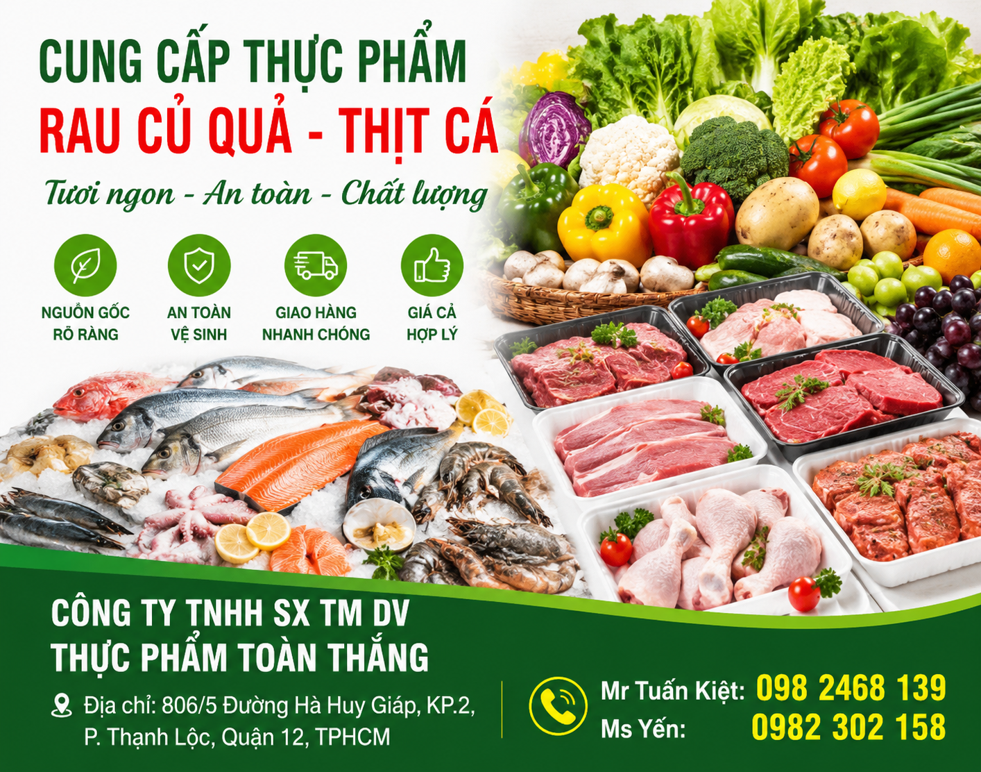Toàn Thắng chuyên cung cấp thực phẩm rau củ quả thịt cá tươi ngon tại Hồ Chí Minh cho nhà hàng, căn tin. Đầy đủ hóa đơn VAT và chứng nhận ATVSTP giá sỉ.